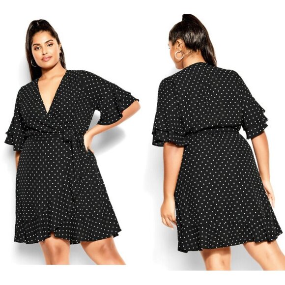 New! City Chic Black Spot Polka Dot Isabella Print Faux Wrap Dress 35591 - Picture 1 of 13